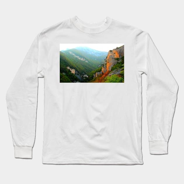 View at a mountain in the Eremo di Soffiano canyon, with Sibillini and foliage Long Sleeve T-Shirt by KristinaDrozd